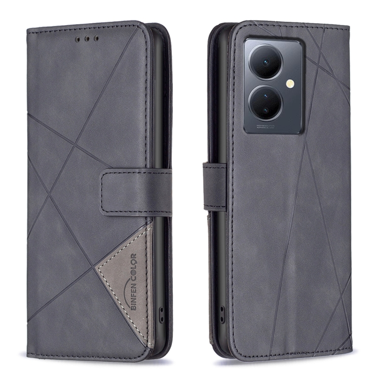 

For vivo Y78 5G Magnetic Buckle Rhombus Texture Leather Phone Case(Black)