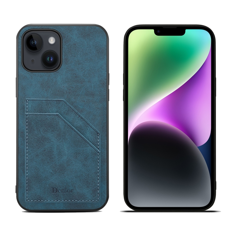 

For iPhone 15 Plus Denior PU Dual Card Slot Back Cover Phone Case(Blue)