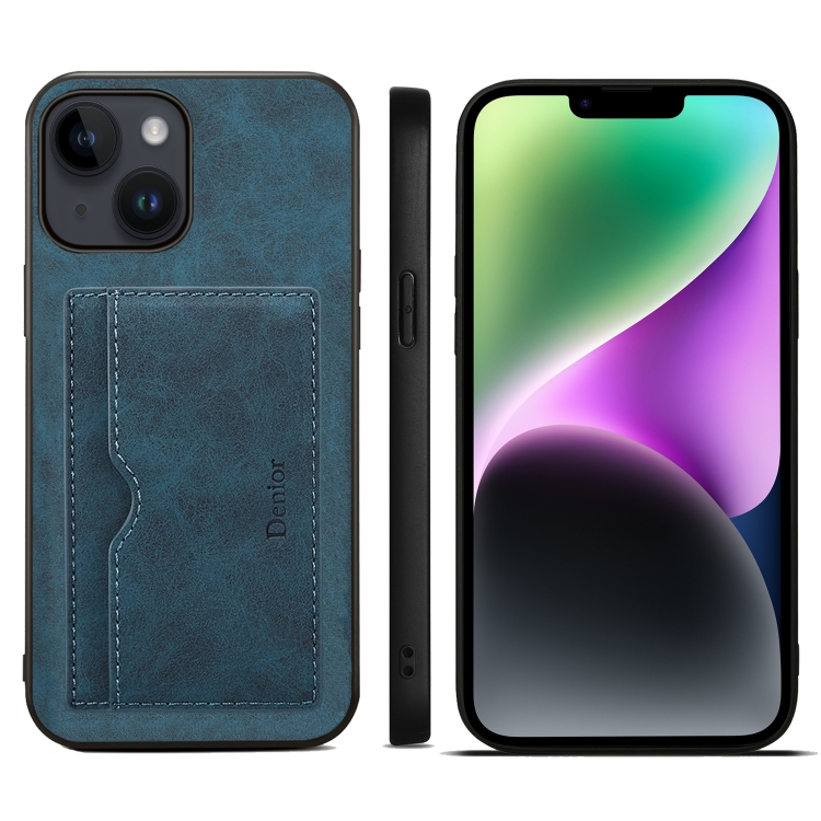 

For iPhone 15 Denior PU Single Card Slot Holder Phone Case(Blue)