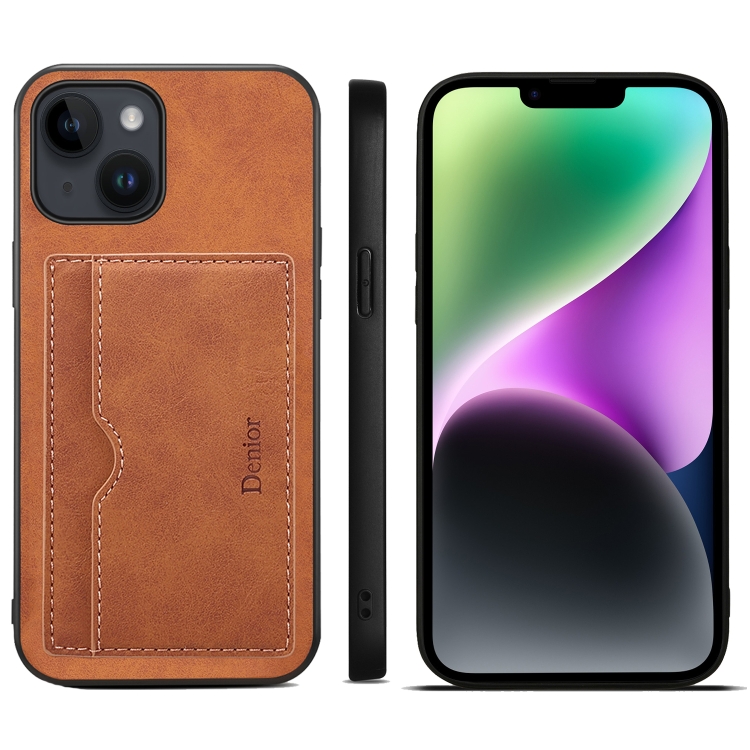 

For iPhone 15 Denior PU Single Card Slot Holder Phone Case(Brown)