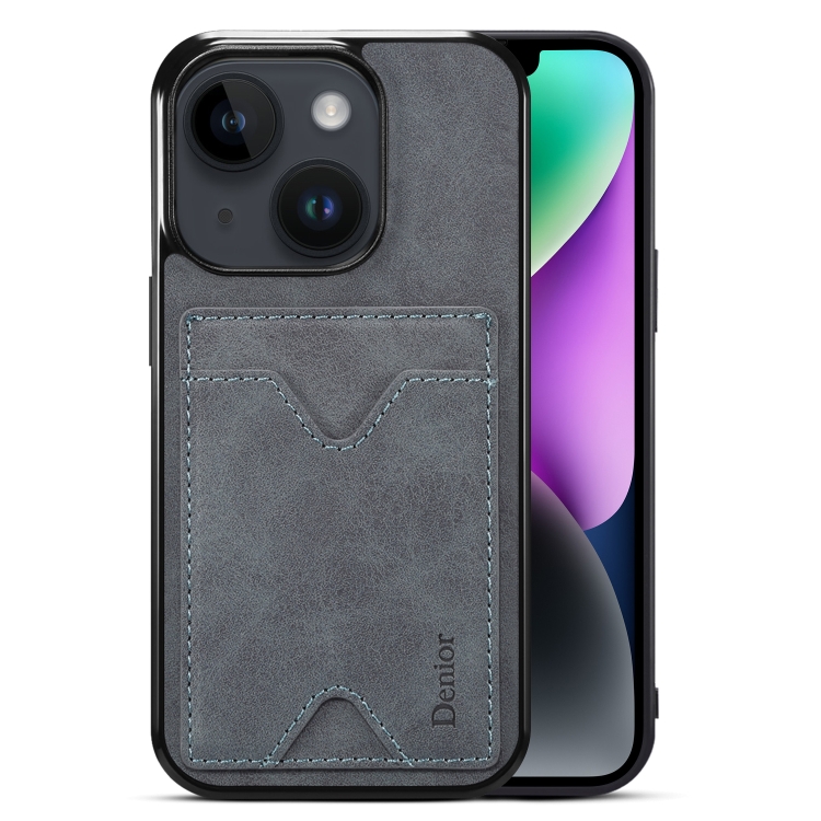 

For iPhone 15 Denior PU Back Cover Card Slot Holder Phone Case(Grey)