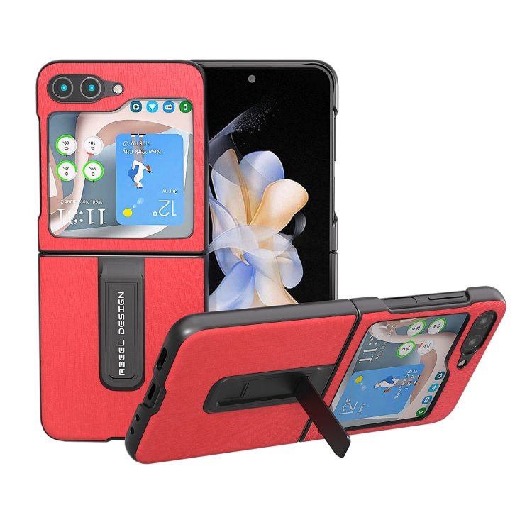 

For Samsung Galaxy Z Flip5 ABEEL Wood Texture PU Phone Case with Holder(Red)