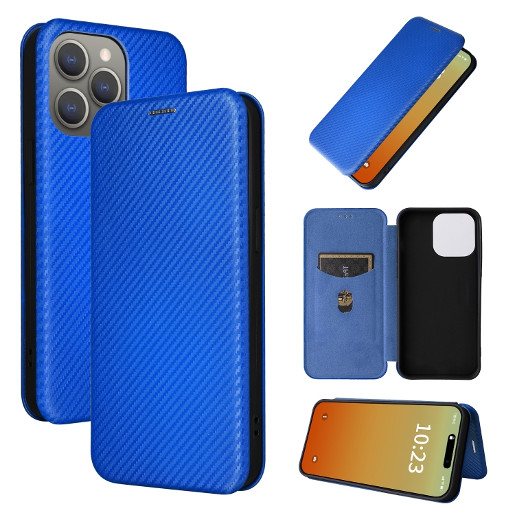 

For iPhone 15 Pro Max Carbon Fiber Texture Flip Leather Phone Case(Blue)