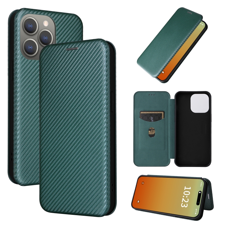 

For iPhone 15 Pro Carbon Fiber Texture Flip Leather Phone Case(Green)