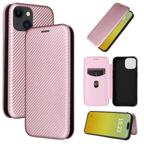 

For iPhone 15 Plus Carbon Fiber Texture Flip Leather Phone Case(Pink)