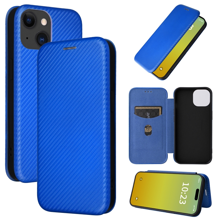 

For iPhone 15 Carbon Fiber Texture Flip Leather Phone Case(Blue)