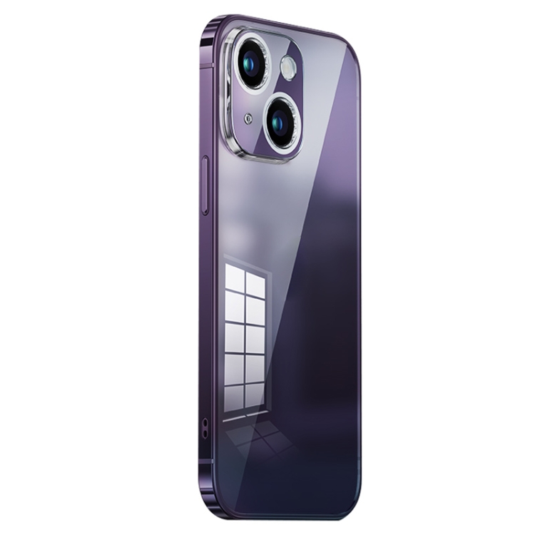 

For iPhone 14 Stainless Steel Frame Transparent TPU Phone Case(Dark Purple)