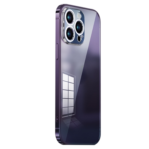 

For iPhone 14 Pro Max Stainless Steel Frame Transparent TPU Phone Case(Dark Purple)