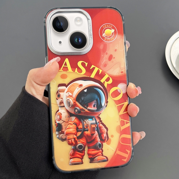 

For iPhone 13 Engraved Colorful Astronaut Phone Case(Small Orange)