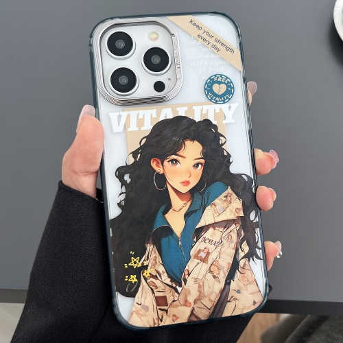 

For iPhone 14 Pro Engraved Colorful Cartoon Phone Case(Trendy Girl)