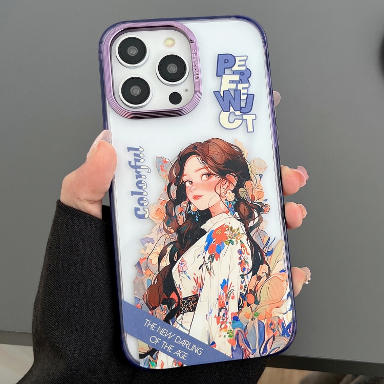

For iPhone 14 Pro Engraved Colorful Cartoon Phone Case(Flower Girl)