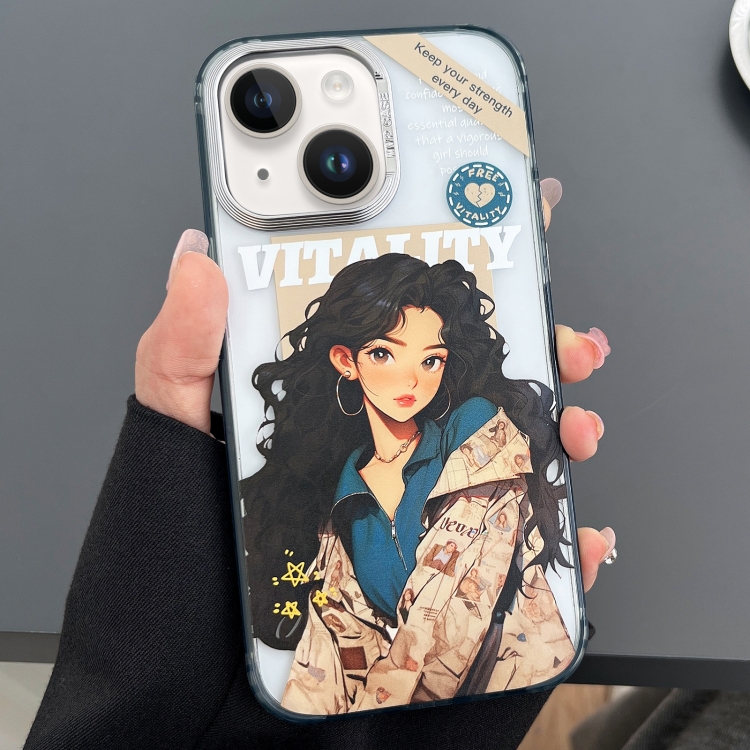 

For iPhone 13 Engraved Colorful Cartoon Phone Case(Trendy Girl)
