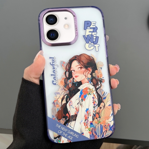 

For iPhone 12 Engraved Colorful Cartoon Phone Case(Flower Girl)