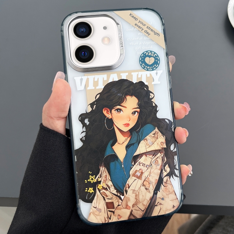 

For iPhone 11 Engraved Colorful Cartoon Phone Case(Trendy Girl)