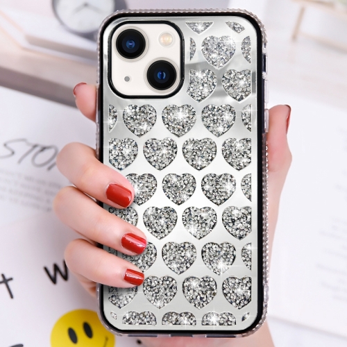 For iPhone 14 Plus Love Hearts Diamond Mirror TPU Phone Case(Silver) for iphone 13 starry sequin diamond heart epoxy tpu phone case yellow