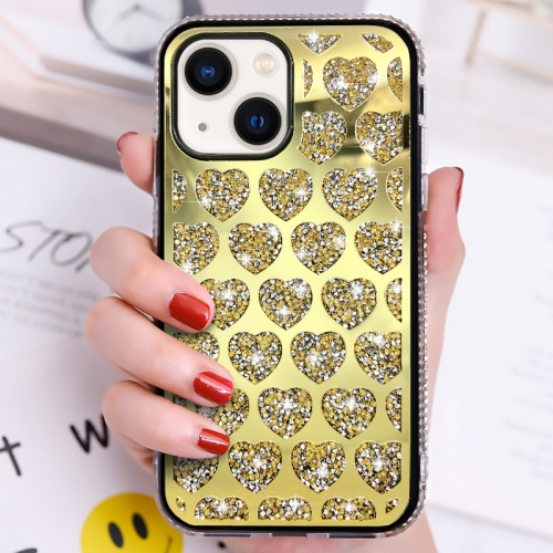 

For iPhone 14 Love Hearts Diamond Mirror TPU Phone Case(Gold)