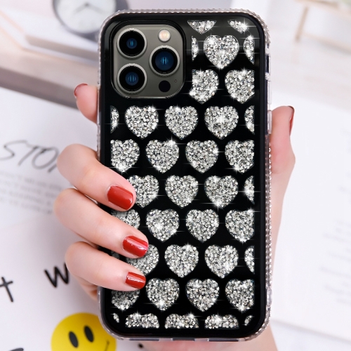 For iPhone 14 Pro Love Hearts Diamond Mirror TPU Phone Case(Black) 14pieces pack tr413 snap in tire valve stems short black rubber the valve core wrench no inner tire valve disassembly
