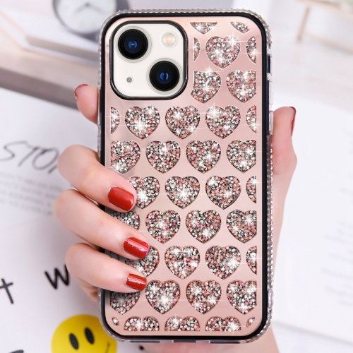 For iPhone 13 Love Hearts Diamond Mirror TPU Phone Case(Rose Gold) for iphone 15 plus love hearts diamond mirror tpu phone case silver