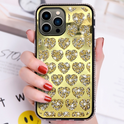 For iPhone 12 Pro Max Love Hearts Diamond Mirror TPU Phone Case(Gold) for iphone 12 pro max 3d diamond lattice laser engraving glitter paper phone case gradient rose red