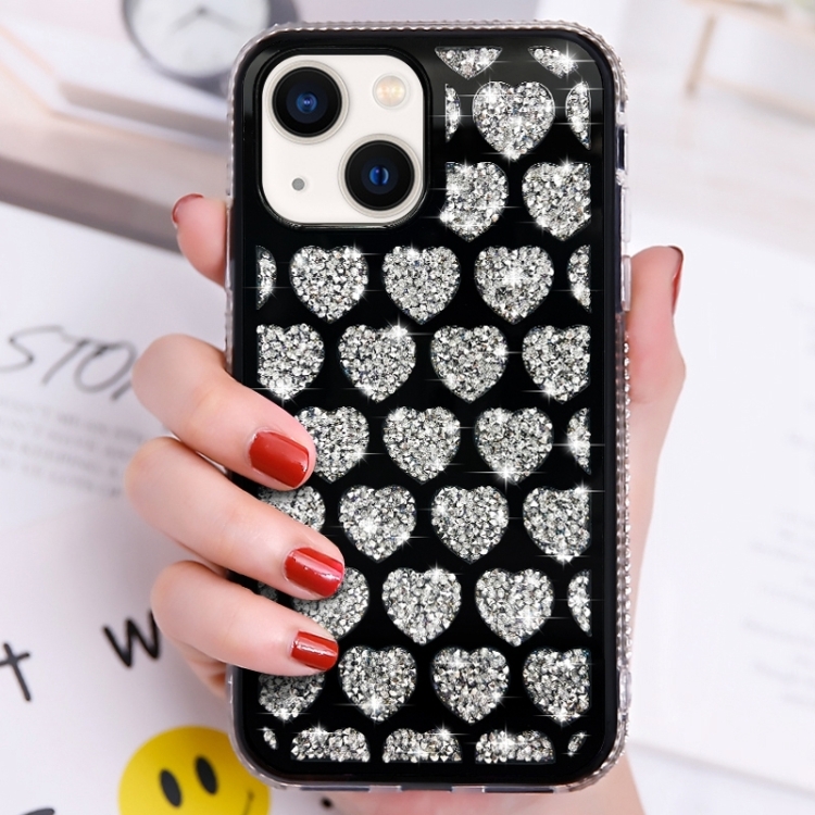 

For iPhone 15 Plus Love Hearts Diamond Mirror TPU Phone Case(Black)