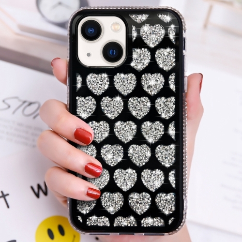 For iPhone 15 Love Hearts Diamond Mirror TPU Phone Case(Black) 14pieces pack tr413 snap in tire valve stems short black rubber the valve core wrench no inner tire valve disassembly