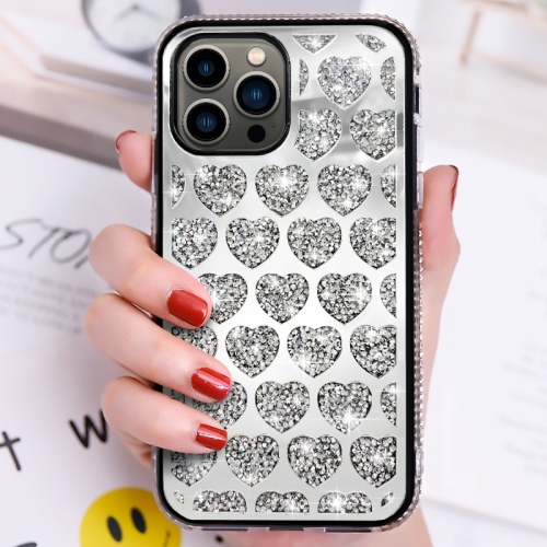 For iPhone 15 Pro Love Hearts Diamond Mirror TPU Phone Case(Silver) fixed magnetic projector screen 16 9 hdtv 1 6 gain fresnel micro structure optical projection screen trihedral light resistance