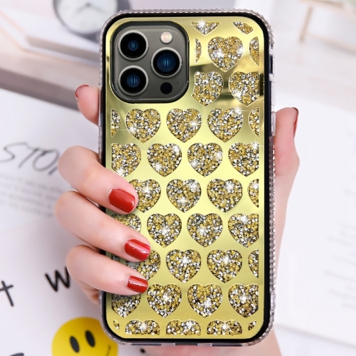 

For iPhone 15 Pro Love Hearts Diamond Mirror TPU Phone Case(Gold)