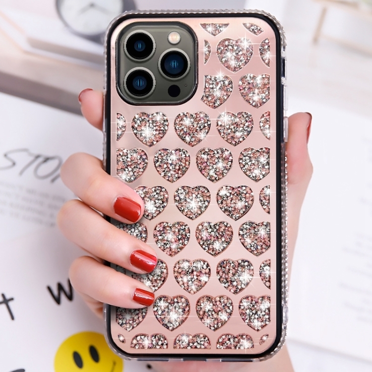 

For iPhone 15 Pro Max Love Hearts Diamond Mirror TPU Phone Case(Rose Gold)