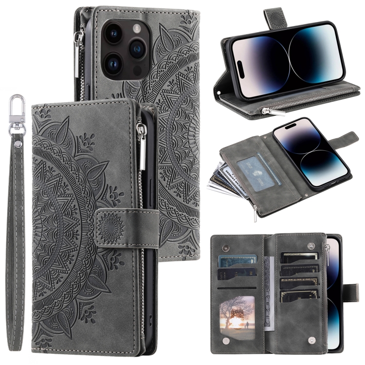 

For iPhone 15 Pro Multi-Card Totem Zipper Leather Phone Case(Grey)