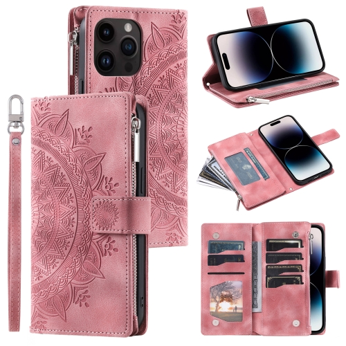 

For iPhone 15 Pro Multi-Card Totem Zipper Leather Phone Case(Pink)