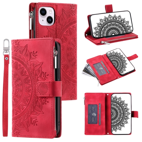 

For iPhone 15 Plus Multi-Card Totem Zipper Leather Phone Case(Red)