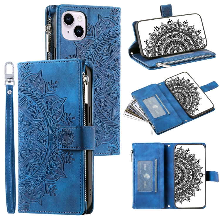 

For iPhone 15 Multi-Card Totem Zipper Leather Phone Case(Blue)