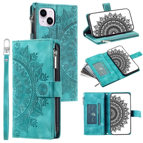 

For iPhone 14 Plus Multi-Card Totem Zipper Leather Phone Case(Green)