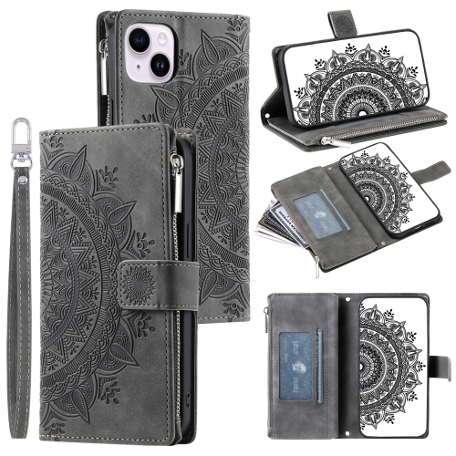 

For iPhone 14 Plus Multi-Card Totem Zipper Leather Phone Case(Grey)