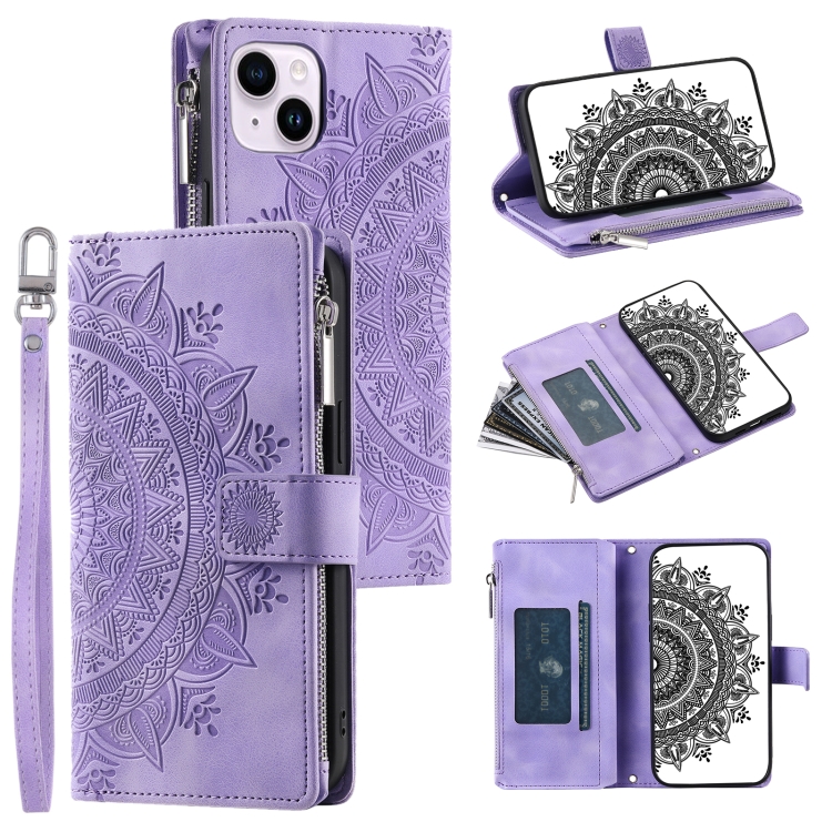 

For iPhone 14 Plus Multi-Card Totem Zipper Leather Phone Case(Purple)
