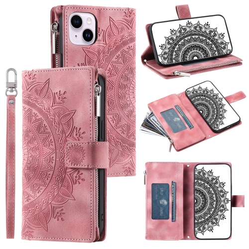 

For iPhone 14 Plus Multi-Card Totem Zipper Leather Phone Case(Pink)