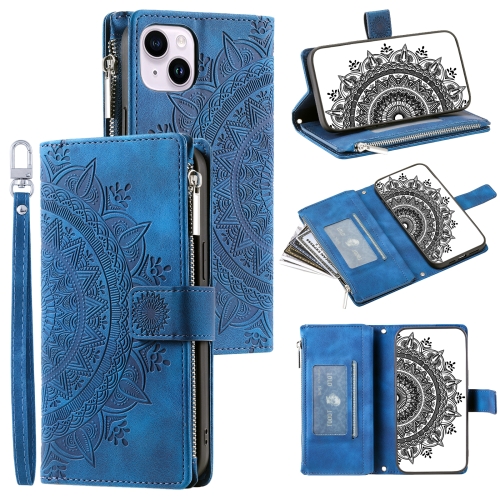 

For iPhone 14 Multi-Card Totem Zipper Leather Phone Case(Blue)
