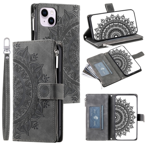 

For iPhone 14 Multi-Card Totem Zipper Leather Phone Case(Grey)