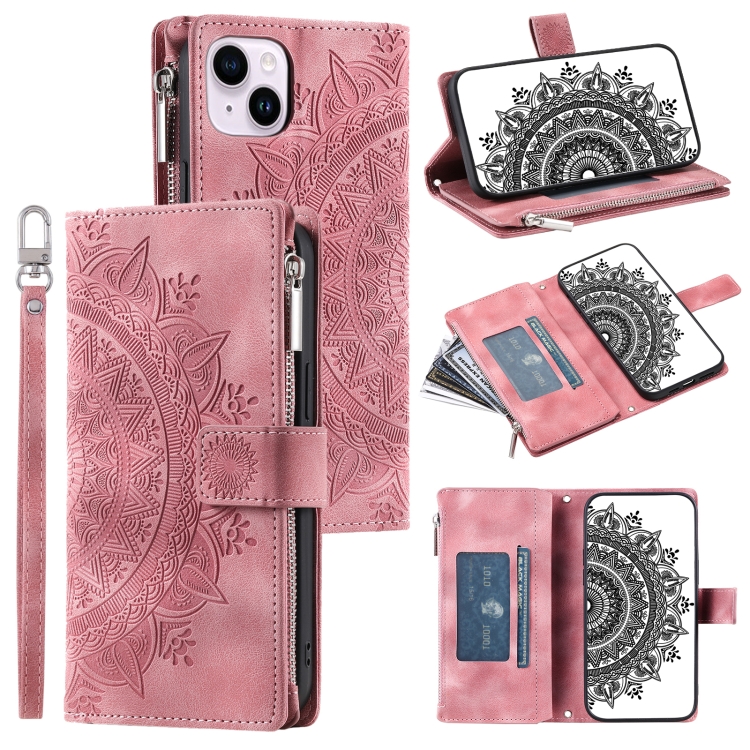 

For iPhone 14 Multi-Card Totem Zipper Leather Phone Case(Pink)