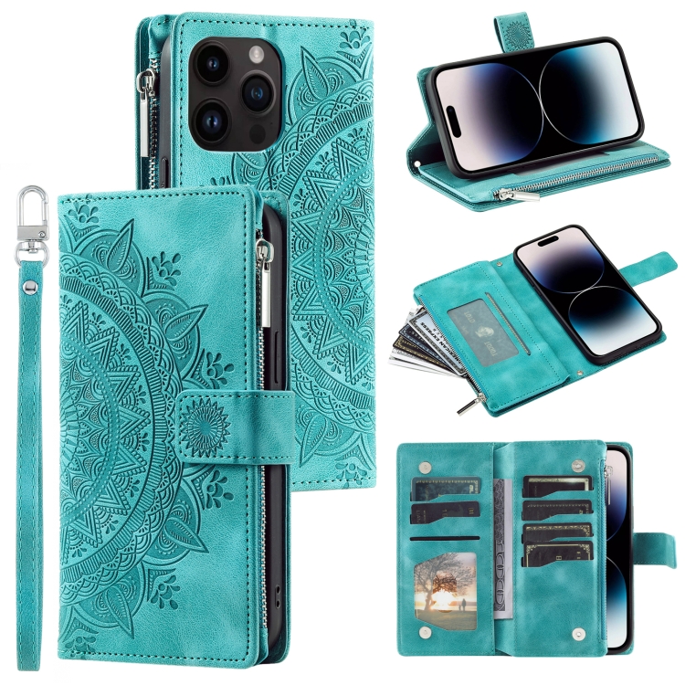 

For iPhone 14 Pro Multi-Card Totem Zipper Leather Phone Case(Green)