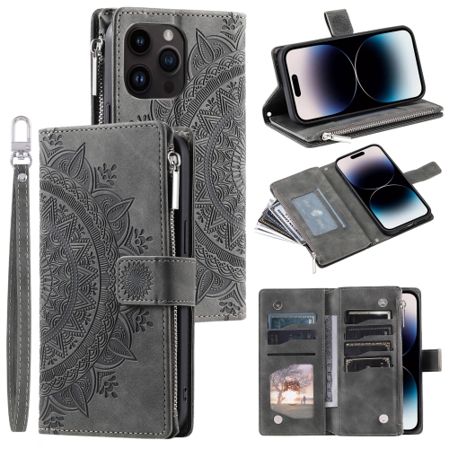 

For iPhone 14 Pro Multi-Card Totem Zipper Leather Phone Case(Grey)