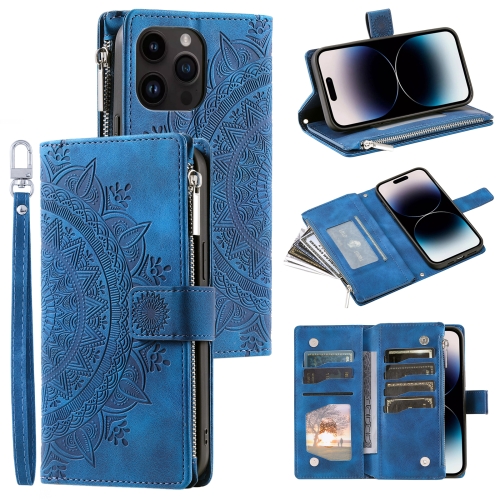 

For iPhone 14 Pro Max Multi-Card Totem Zipper Leather Phone Case(Blue)