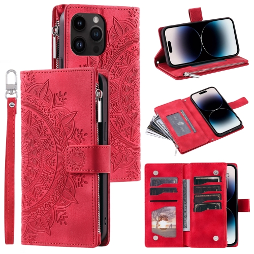 

For iPhone 13 Pro Multi-Card Totem Zipper Leather Phone Case(Red)