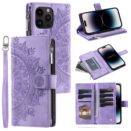 

For iPhone 13 Pro Multi-Card Totem Zipper Leather Phone Case(Purple)