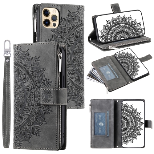 

For iPhone 12 / 12 Pro Multi-Card Totem Zipper Leather Phone Case(Grey)