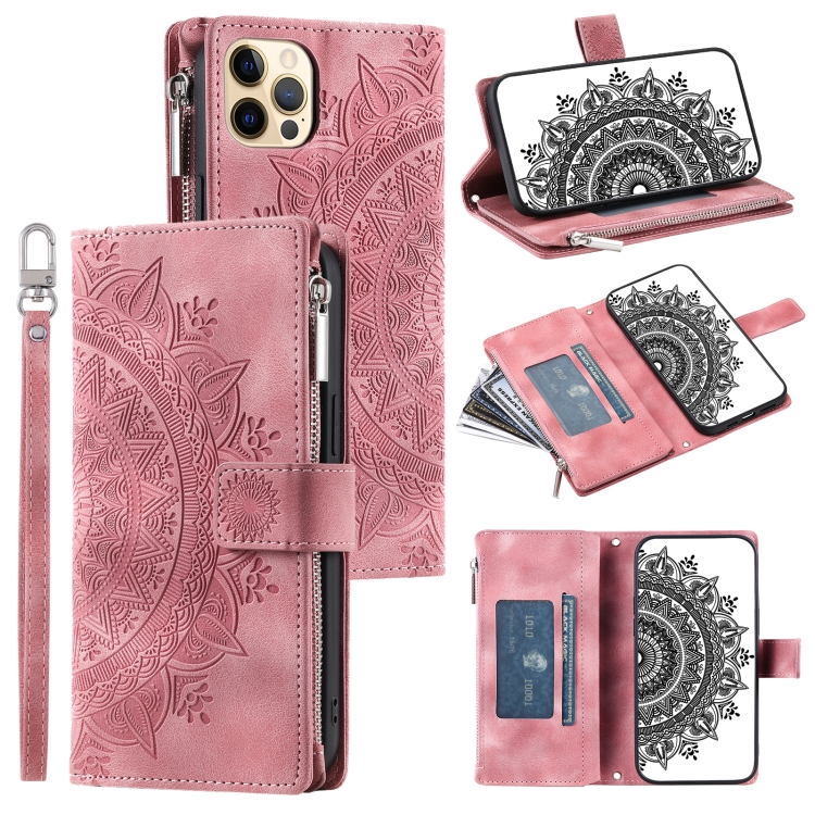 

For iPhone 12 / 12 Pro Multi-Card Totem Zipper Leather Phone Case(Pink)