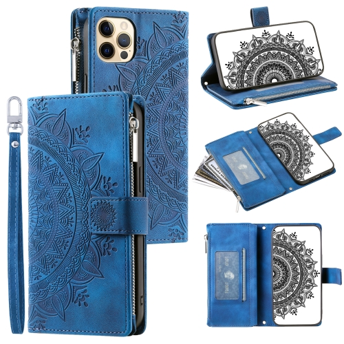 

For iPhone 12 Pro Max Multi-Card Totem Zipper Leather Phone Case(Blue)