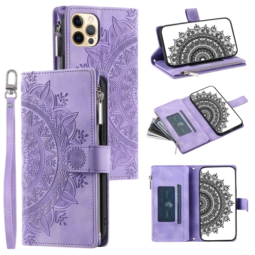 

For iPhone 12 Pro Max Multi-Card Totem Zipper Leather Phone Case(Purple)