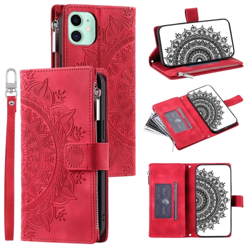 

For iPhone 11 Multi-Card Totem Zipper Leather Phone Case(Red)