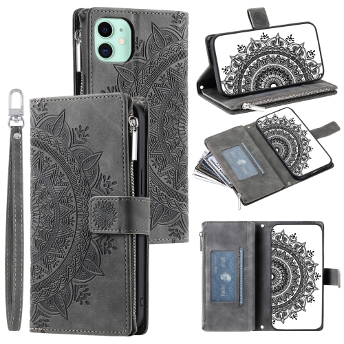 

For iPhone 11 Multi-Card Totem Zipper Leather Phone Case(Grey)